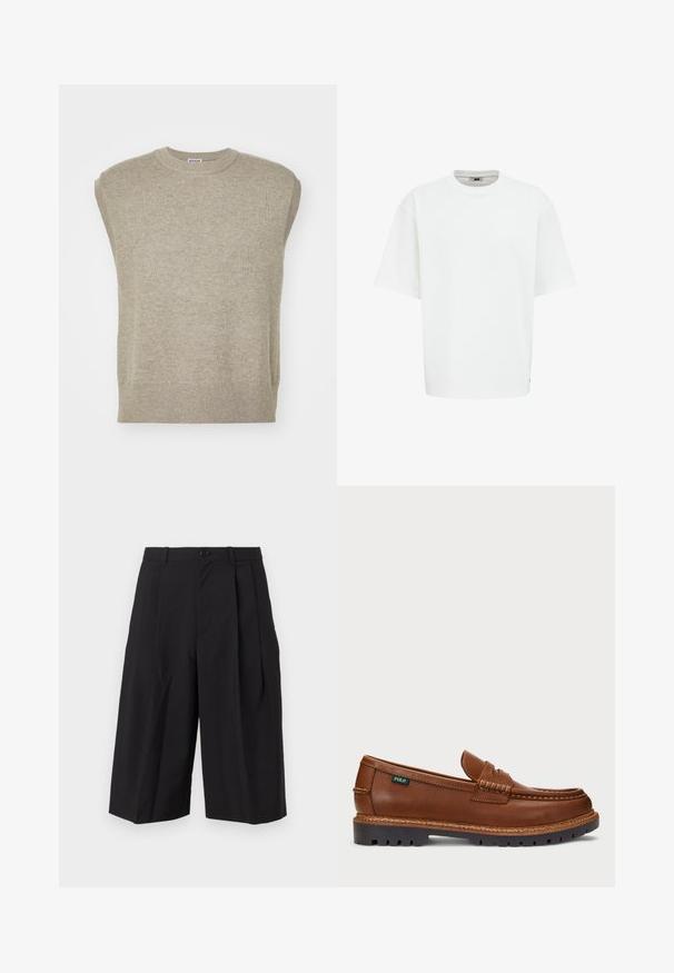 Pull sans manches en tricot de couleur beige clair, avec un col rond, un ourlet côtelé et un design simple avec une texture lisse.; T-shirt blanc à manches courtes avec un col rond, fabriqué en tissu lisse, présentant une coupe décontractée et une étiquette logo discrète sur le côté.; Shorts plissés noirs en tissu au toucher lisse, avec une fermeture à bouton à l'avant et des jambes larges et amples.; Loafer en cuir marron avec des surpiqûres décoratives et une texture au niveau de la pointe. La semelle présente un design robuste, offrant adhérence et durabilité.