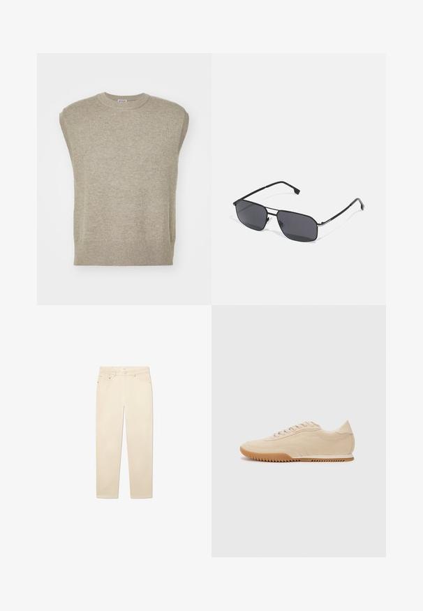 Kootud ilma varrukateta sviiter heledas beežis, ringkaelusega, ribaga serva ja lihtsa disaini ning sileda tekstuuriga.; Valged beežid teksapüksid sirge säärega, millel on viis taskut, nuppe ja tõmblukuga sulgemine ning tagasihoidlikud õmblusdetailid.; Beez Suede spordijalatsid voolujoonelise disainiga, millel on tekstureeritud ülemine osa, ümar toe ning kummist tallaga, millel on sakiline muster.; Mustad musta raami ja piklikud prillid, tumendatud läätsed ja peened metallist käepidemed. Raami peal on diskreetsed hõbedased aktsendid.