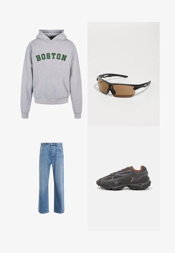 Sudadera gris con un bolsillo canguro en el frente, que presenta "BOSTON" en letras arqueadas de color verde oscuro en el pecho. Diseño clásico con capucha ajustable.; Camiseta de algodón blanca con mangas cortas, cuello redondo y sutil logo de Levi's impreso en el centro. Textura suave y ajuste estándar.; Jeans de mezclilla azul claro con un diseño de pierna recta, cinco bolsillos, cierre de botón, ligeramente desgastados y detalles de costura en contraste.; Zapatillas Lacoste en gris oscuro con material de malla y sintético, que cuentan con una suela texturizada y detalles en marrón en el cuello y la marca.; Gafas de sol deportivas con montura negra, lentes tintados en marrón y acentos texturizados en negro en las patillas. Diseño ligero y aerodinámico.