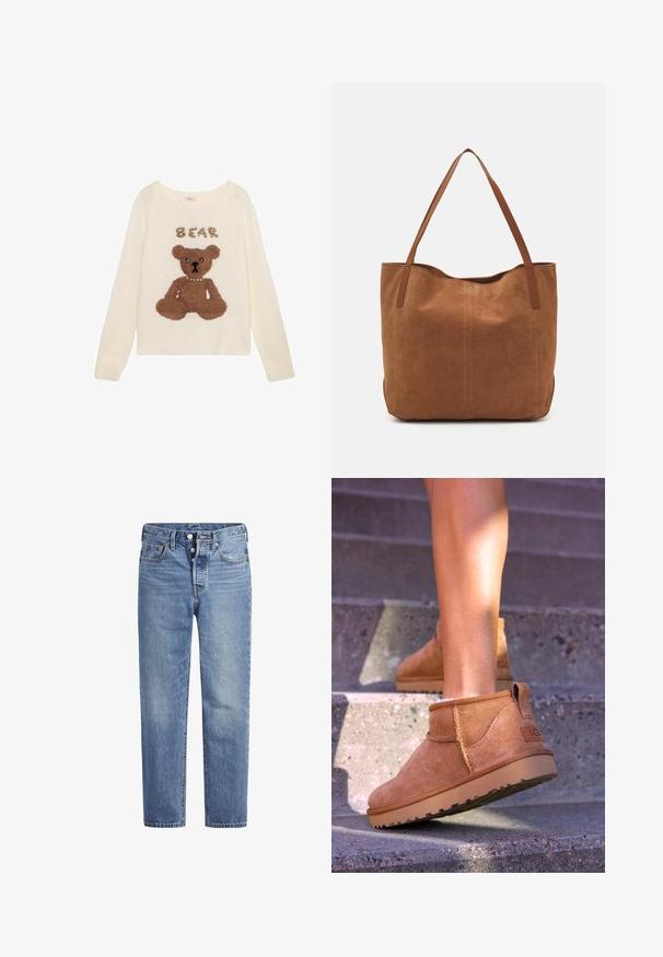 Cremefarvet sweater med et tekstureret, brunt teddy-bear design i midten og "BEAR" ovenfor, udsmykket med små perler.; Lyseblå denimjeans med lige pasform, fem-lomme-design og knaplukning. Har subtile falmede detaljer og orange søm.; Tan ruskind ankelstøvler med en blød tekstur, stikninger og en gummisål, der har en løkkehælkappe for nem på- og aftagning.; Brun ruskinds tote bag med to lange håndtag, der har en glat tekstur, enkelt design og ingen synlige metaldele eller accenter.
