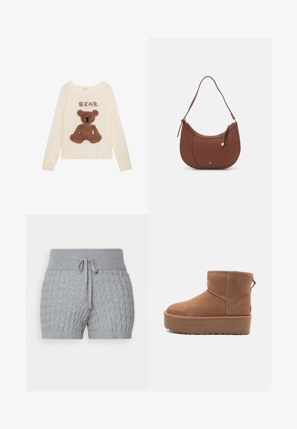 Un pull de couleur crème présentant un design texturé de teddy bear brun au centre avec "BEAR" au-dessus, orné de petites perles.; Shorts en maille grise avec un design texturé, dotés d'une taille côtelée et d'un cordon de serrage ajustable. Longueur courte, tissu doux.; Bottine en suède tan avec une semelle plate-forme, un bout arrondi et des accents de couture ; elle est dotée d'une languette à l'arrière pour un enfilage facile.; Sac à épaule en faux cuir brun, de forme arrondie, avec des coutures minimales et un accent en matériel doré. Il possède une fermeture zippée sur le dessus et une sangle réglable.
