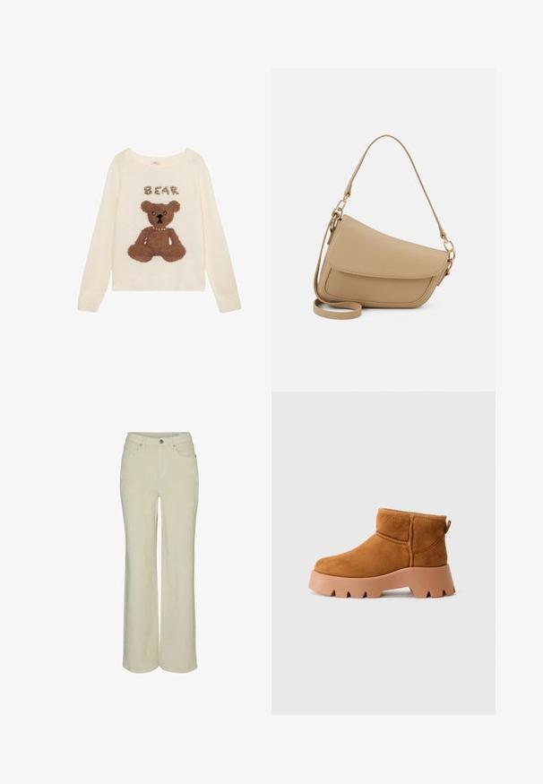 Krémový svetr s texturovaným designem hnědého medvídka ve středu a nápisem "BEAR" nad ním, zdobený malými perlami.; Vero Moda VMTESSA HR WIDE - Kalhoty - oatmeal; Béžové semišové kotníkové boty s kulatou špičkou, texturovanou hnědou podrážkou a poutkem. Obsahují prošívaný šev a robustní platformu.; Even&Odd Kabelka - beige