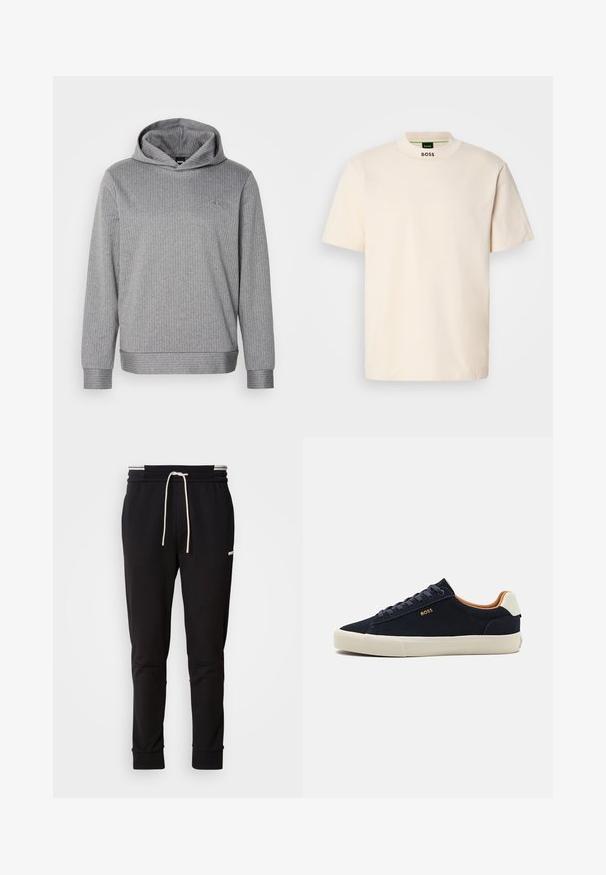 Hanorac gri cu glugă, realizat din material ribbar, cu mâneci lungi, o croială lejeră și un logo subtil în partea stângă sus a pieptului.; Tricou scurt cu mânecă, de culoare crem, cu guler înalt, având imprimat în negru "BOSS" pe gulerul din față și pe eticheta interioară.; Pantaloni jogger slim-fit negri cu șnur alb, manșete ribbate și un logo discret pe coapsa superioară, pe un fundal simplu.; Tenisi de suede bleumarin, cu talpă bej, interior contrastant în nuanță de bej și detaliu cu logo pe partea exterioară. Prezintă șireturi rotunde și o textură netedă.