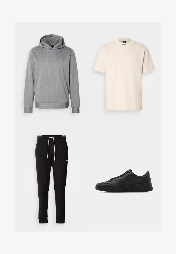 Grau Hoodie aus geripptem Material, mit langen Ärmeln, lockerer Passform und einem dezenten Logo im oberen linken Brustbereich.; Cremfarbener Kurzarm-T-Shirt mit hohem Kragen, auf dem die Aufschrift "BOSS" in Schwarz auf der Vorderseite des Halsausschnitts und im Etikett innen gedruckt ist.; Schwarzere Slim-Fit-Jogginghose mit weißem Kordelzug, gerippten Bündchen und subtilen Logo am Oberschenkel auf einem schlichten Hintergrund.; Schwarze Sneaker mit glattem Lederobermaterial, runder Zehenpartie, flachen Schnürsenkeln, gepolstertem Kragen und minimalistischem Design. Gummisohle mit subtiler Profilierung.