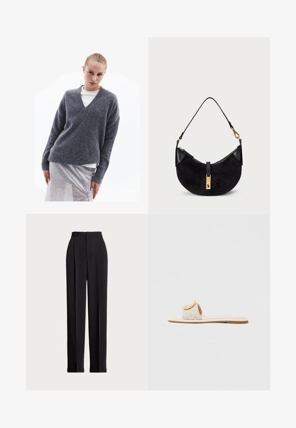 Grå ull v-ringad tröja med långa ärmar, avslappnad passform och ribbade cuffs, tillsammans med en tajt silverpaljettkjol.; Svarta skräddarsydda byxor med hög midja, med veck framtill, rak bendesign och uppvikte nederdelar. Tillverkade av ett slätt tyg.; Slip-in-sandal med beige rem med geometriskt mönster, en rundad gul detalj på ovansidan och en platt, ljus sula.; Svart handväska med en böjd form, gjord av mocka och läder, med en dragkedja i guldton och en logodetalj. Har ett kort handtag.