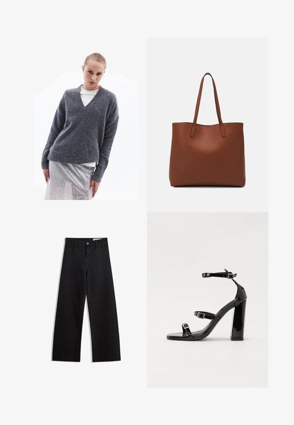 Szary wełniany sweter z dekoltem w kształcie litery V, z długimi rękawami, luźnym krojem i prążkowanymi mankietami, zestawiony z obcisłą spódnicą pokrytą srebrnymi cekinami.; Czarne dżinsowe spodnie o szerokich nogawkach i wysokim stanie, z przednimi i tylnymi kieszeniami, przeszyciami oraz zapięciem na guziki. Gładka struktura.; Czarne lakierowane sandały na obcasie z kwadratowym noskiem, z paskami wokół kostki i srebrnymi klamrami. Posiadają masywny słupek dla stabilności.; Brązowa skórzana torba tote o gładkiej fakturze, z otwartym wierzchem i dwoma ramiączkami. Charakteryzuje się minimalnym przeszyciem i brakiem widocznych elementów metalowych.