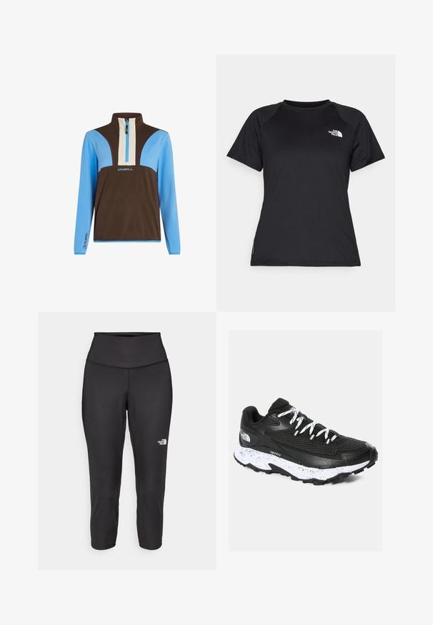 Fleece pullover met een halve ritssluiting. Beschikt over bruine, lichtblauwe en crèmekleurige panelen. Logo op de borst en merkdetails op de mouwen.; Zwarte sportieve t-shirt met korte mouwen en ronde hals, met het logo van The North Face op de bovenste linkerkant van de borst.; Zwarte capri-legging gemaakt van rekbare stof, met een hoge tailleband en een klein wit logo aan de linkerkant. Glad textuur.; Zwarte sport sneaker met een bovenwerk van mesh en een getextureerd ontwerp. Voorzien van een wit gezette middenzool, dikke zwarte buitenzool en reflecterende veters.