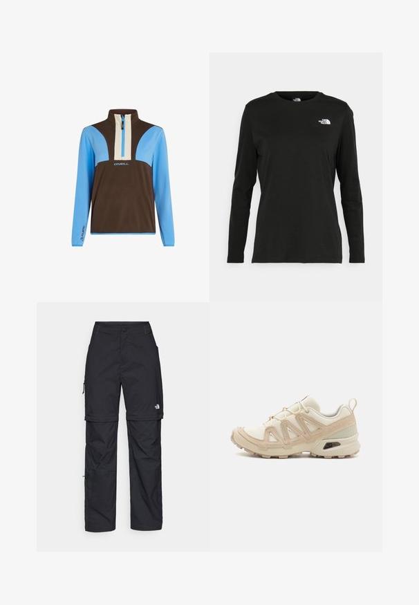 Pull-over en polaire avec un col zippé mi-hauteur. Présente des panneaux marron, bleu clair et crème. Logo sur la poitrine et détails de marque sur les manches.; T-shirt noir à manches longues en coton avec un col rond. Présente un petit logo blanc sur la partie gauche de la poitrine. Design et coupe simples.; Pantalons cargo en nylon noir, à zip amovible, avec chevilles ajustables, plusieurs poches et un logo sur la jambe droite. Texture lisse et légère.; Baskets de sport beiges et crème avec une tige en mesh texturé, des superpositions de soutien et une semelle en caoutchouc dotée d'un motif de crampons pour une traction.