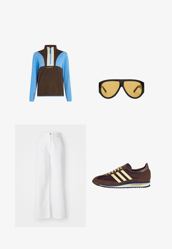 Fleece pullover met een halve ritssluiting. Beschikt over bruine, lichtblauwe en crèmekleurige panelen. Logo op de borst en merkdetails op de mouwen.; Witte denim wijde broek met hoge taille, voorzien van voorzakken en een zilveren knoopsluiting. De textuur is glad en de kleur is uniform.; Bruine en bordeauxkleurige sneaker van suede en mesh materiaal, met drie crèmekleurige strepen, een gemêleerd stof op de tong en een rubberen zool.; Zonnebril met een strakke zwarte kunststof frame en gele getinte glazen, met een opvallende hoekige vorm en brede pootjes voor extra bescherming.