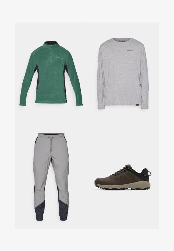 Grön fleecepolo med kvartdragkedja, svarta sidopaneler och långa ärmar. Har en slät yta och en liten logo på bröstet.; Ljusgrå t-shirt med långa ärmar gjord av mjukt, texturerat tyg. Har en rund hals och en liten blå Patagonia-logotyp på bröstet.; Lätta, grå träningsbyxor med svarta detaljer. Elastisk midja, dragsko stängning, tapered design och sidofickor.; Bruna vattentåliga sneakers med en strukturerad ovandel, perforerade detaljer, svart hälstöd och en grå gummisula. Snörningen har metalliska ändar.