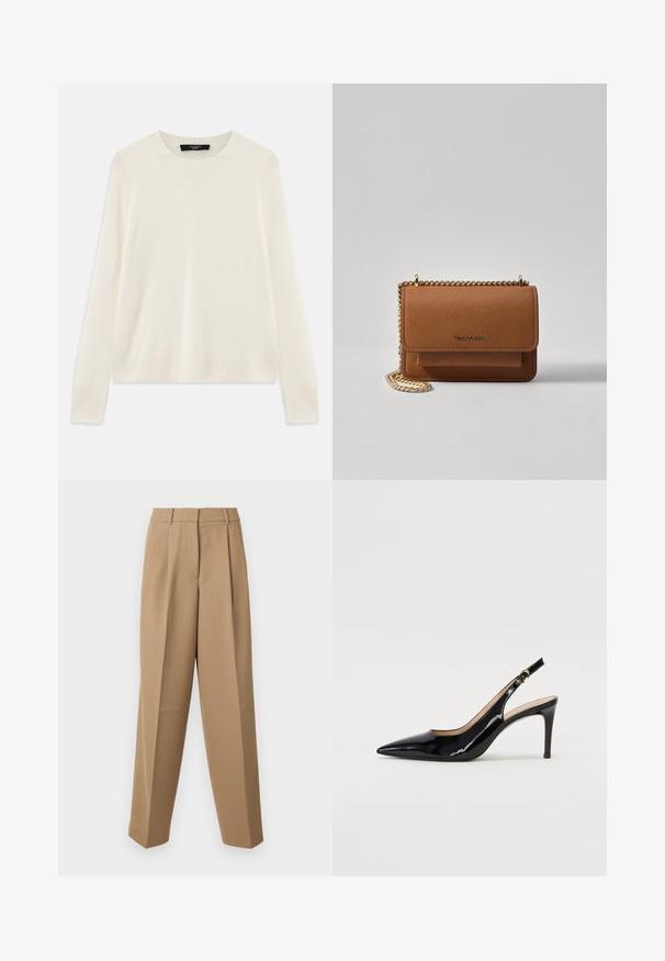 Cremefarbener Strickpullover mit Rundhalsausschnitt, langen Ärmeln und gerippten Akzenten an den Bündchen und dem Saum. Weiche, feine Textur.; Beige maßgeschneiderte Hose mit hoher Taille, gefaltetem Vorderteil und weitem Bein. Der Stoff wirkt glatt mit einem leichten Glanz.; Schwarz lackierte Slingback-Pumps mit spitzem Zehenbereich, schlankem Absatz und einem subtilen Ausschnittdesign. Verfügt über eine goldene Schnalle am Riemen.; Braune strukturierte Ledertasche mit goldener Kettenriemen und Klappenverschluss. Die Vorderseite zeigt ein Logo-Detail und eine Tasche unter der Klappe.