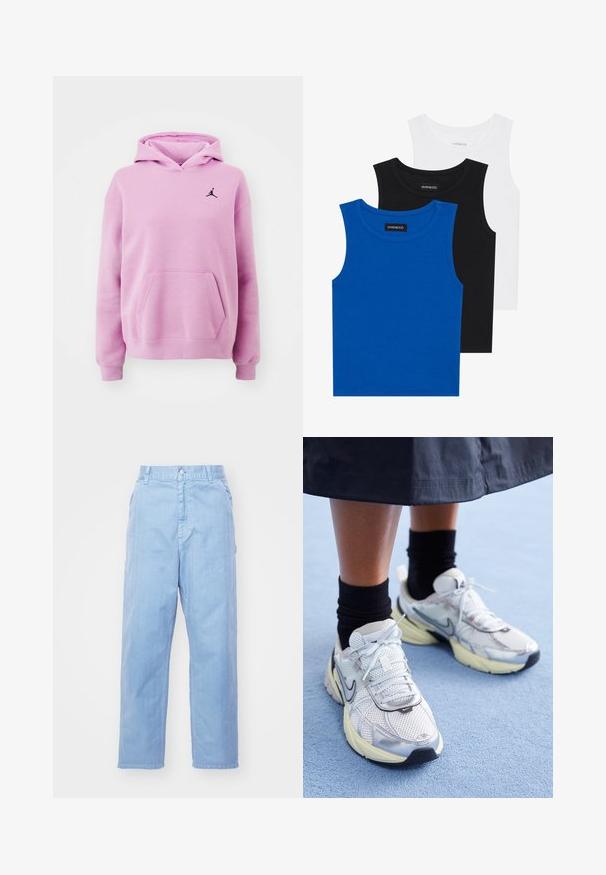 Gaiši rozā kapuča, izgatavota no mīksta auduma, ir ar priekšējo kabatu, ribinātām piedurknēm un melnu Jorden logo uz krūtīm.; Trīs bezpiedurkņu krekli zilā, melnā un baltā krāsā. Audums ir ribots ar apaļu kakla izgriezumu. Katram kreklam ir birka ar uzrakstu "even&odd."; Gai zili džinsi ar taisnu kāju dizainu, pogu aizdari un priekšējām kabatām. Audumam ir smalka tekstūra ar gludu apdari.; Baltie un sudraba Nike kedas ar tīkla audumu, atstarojošiem akcentiem un bēša zoli. Valkātas ar melnām zeķēm, stāvot uz zilas virsmas.