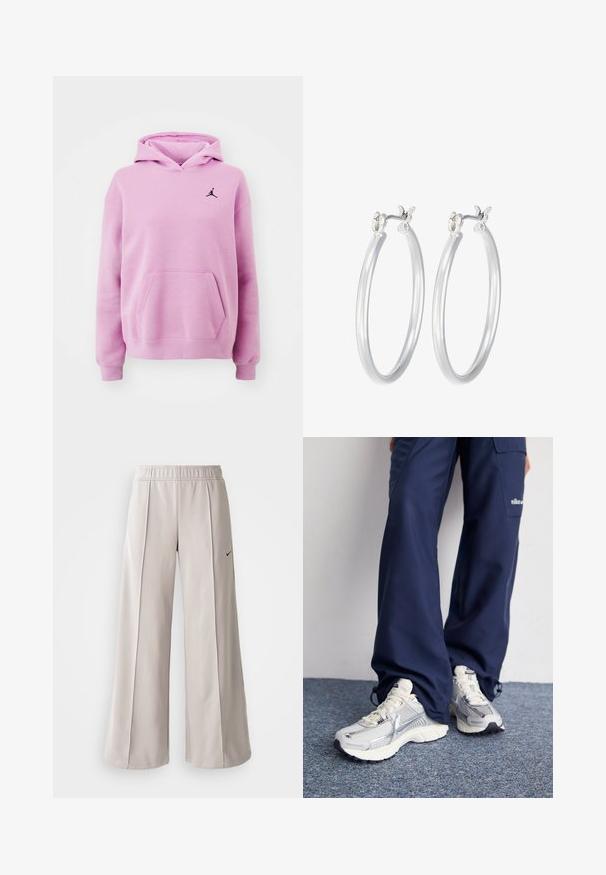 Svetloružová mikina vyrobená z mäkkého materiálu, obsahuje klokaní vrecko, rebrované manžety a čierne logo Jorden na hrudníku.; Skraćené tričko svetloružovej farby, vyrobené z mäkkej tkaniny. Má okrúhly výstrih a krátke rukávy s malým bielym logom Nike na hrudi.; Svetlo šedé nohavice s širokým strihom vyrobené z hladkej tkaniny. Obsahujú elastický pás a čierne logo Nike na ľavej strane.; Športové topánky Nike s strieborným sieťovaným zvrškom, bielymi detailmi a textúrovanými podrážkami, skombinované s voľnými námorníckymi nohavicami.; Strieborné kruhové náušnice s hladkým, lesklým povrchom. Kolový tvar a bezpečné klikanie na uzatváranie. Ľahký dizajn vhodný na každodenné nosenie.