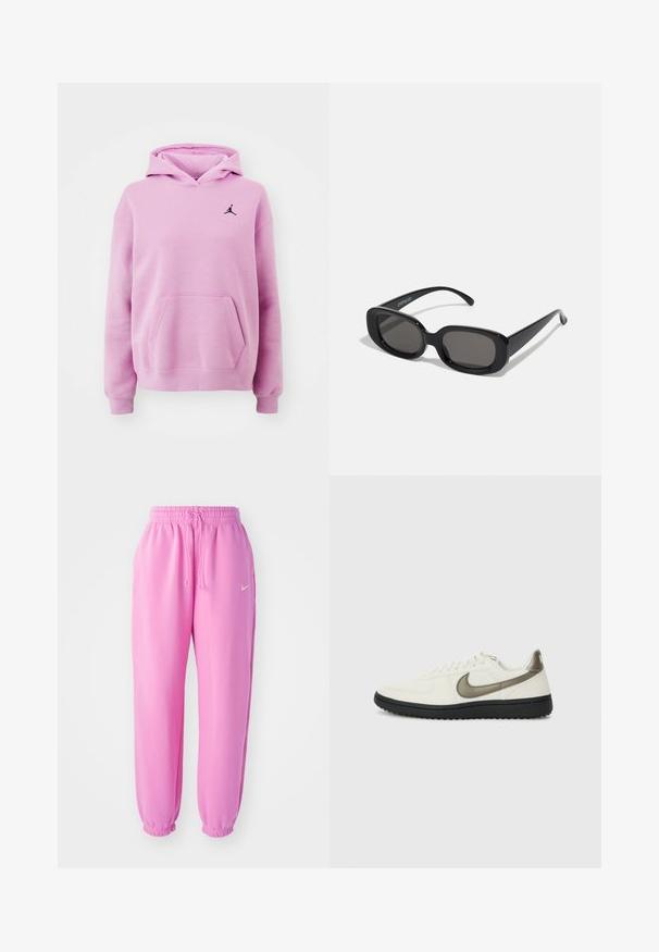 Felpa rosa chiaro realizzata in tessuto morbido, presenta una tasca a marsupio, polsini a costine e il logo Jorden nero sul petto.; Pantaloni della tuta rosa con vita elastica e coulisse. I polsini sono arricciati. Presenta un piccolo logo Nike bianco sulla coscia sinistra.; Nike Sportswear FIELD GENERAL - Sneakers basse - off-white/black; Occhiali da sole neri rettangolari con lenti scure. Montatura in plastica spessa, texture liscia e bordi arrotondati. Le tempie eleganti si estendono verso l'esterno.