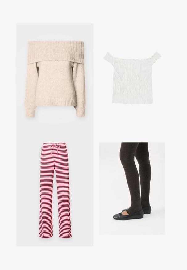 Beige off-the-shoulder sweater made from textured knit fabric, featuring a wide ribbed neckline and long sleeves with fitted cuffs.; White off-the-shoulder top with ruffled accents, gathered texture, and an elasticized waistband. Made from soft cotton fabric.; Red and white striped, loose-fit pants with a drawstring waist and ribbed texture. Straight leg design extends to ankle length.; Black flat shoes with a small bow detail at the toe, paired with dark brown ribbed tights. Shoes have a smooth texture and low profile.