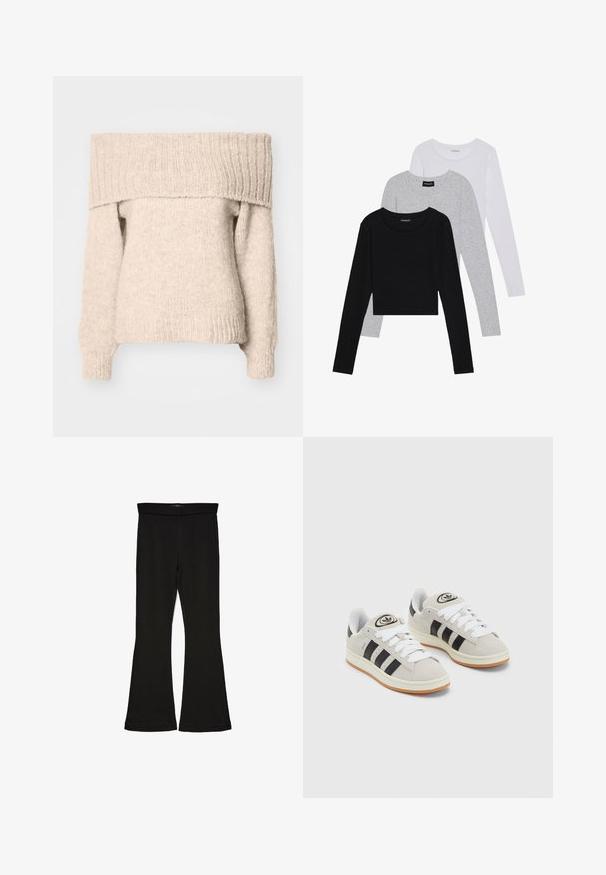 Beige schulterfreier Pullover aus strukturiertem Strickstoff, mit einem breiten gerippten Ausschnitt und langen Ärmeln mit enganliegenden Bündchen.; Drei langärmelige Oberteile gestapelt: schwarz, grau und weiß. Jedes hat einen runden Halsausschnitt und ein kurzes Design aus glattem, leichtem Stoff.; Schwarze Schlagleggings aus dehnbarem Stoff. Sie verfügen über einen breiten Bund und eine glatte Textur, mit einer enganliegenden Silhouette, die am Saum ausgestellt ist.; Graue Wildledersneaker mit weißen Schnürsenkeln, schwarzen Streifen und einer weißen Gummisohle. Merkmale sind ein kreisförmiges Logo auf der Zunge und eine Gummisohle.