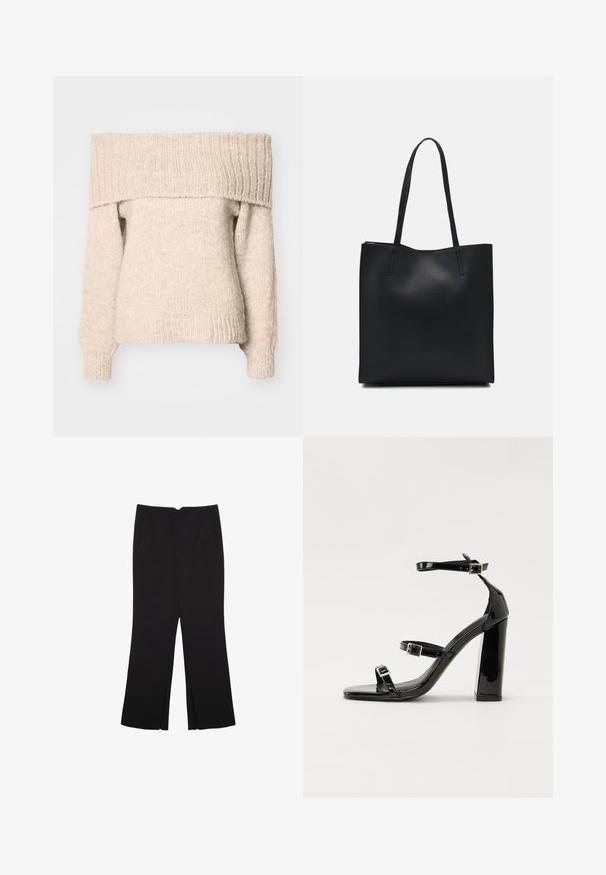 Beige off-the-shoulder-neule, joka on valmistettu teksturoidusta neuleesta. Siinä on leveä ribbireunus kauluksessa ja pitkät hihat, joissa on kireät hihansuut.; Mustat housut suoralinjaisella leikkauksella, joissa on etutaskut ja sivurei'ät helman alla. Valmistettu pehmeästä ja sileästä kankaasta. Sopii eri tilaisuuksiin.; Musta kiiltävä korkokenkä sandaalit neliönmuotoisella varpaalla, nilkkaremmillä ja hopeisilla soljilla. Varustettu tukevalla lohkokorkealla vakauden takaamiseksi.; Mustapahkainen kangaskassi, jossa on sileä pinta, suorakaiteen muotoinen ja kaksi pitkää kahvaa. Ei näkyvää metalliosaa tai koristeita.