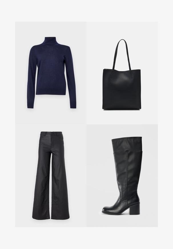 GAP Strickpullover - navy uniform; Schwarze, weit geschnittene Hose aus einem Kunstledermaterial. Mit hoher Taille, Gürtelschlaufen, zwei Fronttaschen und genähten Details.; Knöchelhohe schwarze Lederstiefel mit Blockabsatz, glatter Textur und Steppdetail an den Seiten. Schlichtes und modernes Design.; Schwarze Laptoptasche aus Leder mit glatter Textur, rechteckiger Form und zwei langen Griffen. Keine sichtbaren Beschläge oder Verzierungen.