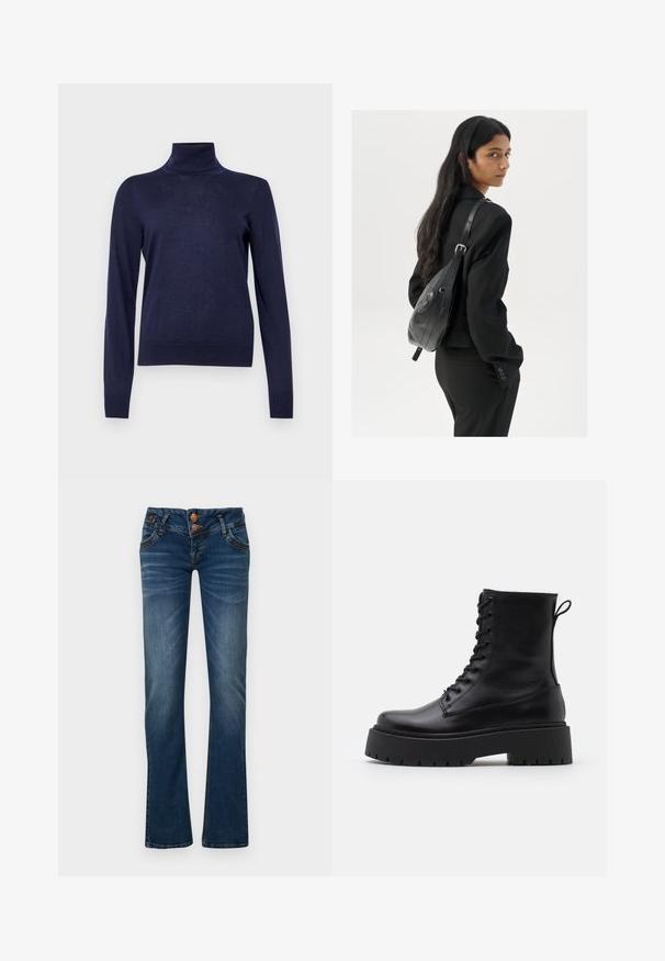 GAP Strickpullover - navy uniform; Dunkelblaue Bootcut-Jeans mit zwei vorderen Knöpfen, fünf Taschen und feinem Verblassen an Oberschenkeln und Knien.; Schwarze Lederstiefeletten mit runder Zehenpartie, Schnürung vorne und einer dicken Gummisohle mit strukturiertem Profil. Mit Zugschlaufe an der Rückseite.; Frau mit langen dunklen Haaren, die einen schwarzen Anzug trägt und eine schwarze Lederschultertasche hält, schaut über ihre Schulter vor einem weißen Hintergrund.