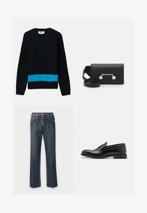 Schwarzer Strickpullover mit gerippter Textur, der am unteren Rand einen horizontalen türkisfarbenen Streifen aufweist. Klassischer Rundhalsausschnitt und lange Ärmel.; Dunkelblaue, gerade Jeans aus Denim mit vorderem Knopf, Reißverschluss, doppelten vorderen Taschen und sichtbaren vertikalen Falten entlang der Beine.; Schwarze Lederloafers mit glatter Textur, rundem Zehenbereich und einem dekorativen Riemen über dem Vorderfuß. Niedriger, gestapelter Absatz, minimalistisches Design.; Schwarze Leder-Umhängetasche mit Klappenverschluss, silberfarbener Hardware und zwei runden Akzenten. Verfügt über einen abnehmbaren Schulterriemen. Glatte Textur.
