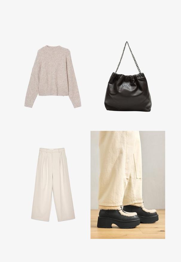 Beige gebreide trui met een ronde hals, afgehangene schouders en geribde manchetten. Zachte textuur, cropped lengte en een minimaal patroon.; Beige wijde pantalon met plooien, met een gladde textuur en riemlussen. Tailored pasvorm, biedt een losse fit rond de benen.; Zwarte platformlaarzen met een ronde neus, voorzien van een fluffy crèmekleurige kraag en veters, gecombineerd met losse beige broek op een houten vloer.; Bruine leren tas met een geplooide bovenkant en een kettinghengsel. Glad textuur met een glanzende afwerking en subtiele naaddetails aan de zijkanten.