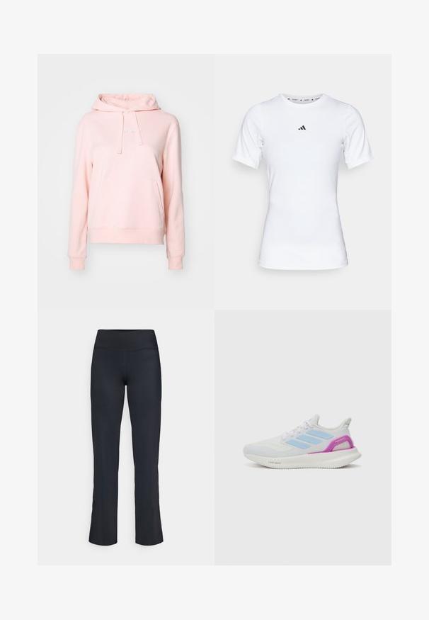 Hoodie rosa claro feito de um tecido suave, com um bolso frontal, capô com cordão e punhos canelados. Logotipo bordado simples no peito.; Camisola atlética branca com mangas curtas, feita de tecido liso e elástico. Apresenta um pequeno logotipo preto da Adidas no peito.; Calças atléticas pretas com uma cintura alta. Feitas de um tecido suave e elástico, com um design de perna larga e detalhes de costura mínimos.; adidas Performance PUREBOOST 5 - Sapatos para corrida em estrada - white/glow blue/purple burst
