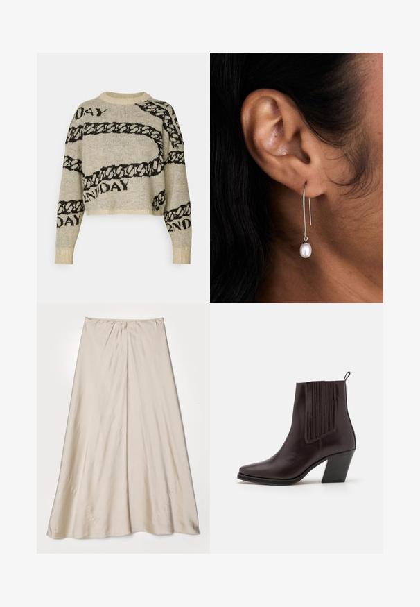 Beige kötött pulóver fekete lánc- és szövegmintákkal. Rövidített fazon, kerek nyakkivágás és bordás mandzsetta jellemzi. Puha tapintású.; Beige, selyemfényű szoknya, amely bővülő sziluettel rendelkezik. Ráncolt derékrésszel és diszkrét fényességgel rendelkezik, ferde varrásokkal és lágyan omló eséssel.; Sötétbarna bőr bokacsizma hegyes orral, oldalt függőleges bordázott részletekkel és közepes magasságú tömbsarkúval.; Ezüst karika fülbevaló vertikális lógással, egyetlen fehér gyönggyel. A dizájn elegáns, sima, fényes felülettel.