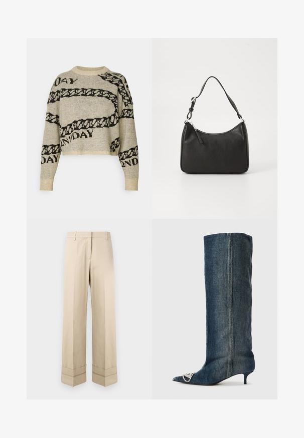 Pull en tricot beige avec motifs de chaîne noire et de texte. Présente un design court, un col rond et des poignets côtelés. Texture douce.; Pantalons beige avec une coupe droite, dotés d'un double revers au bas et d'un design à plat à l'avant. Fabriqués en tissu lisse et durable.; Botte montante en denim jusqu'au genou avec un bout pointu, des accents en métal argenté, un petit talon fin et une finition lisse et texturée.; Sac à main en cuir noir avec une forme courbée, une seule sangle, fermeture éclair et un logo discret à l'avant. Texture lisse, design minimaliste.