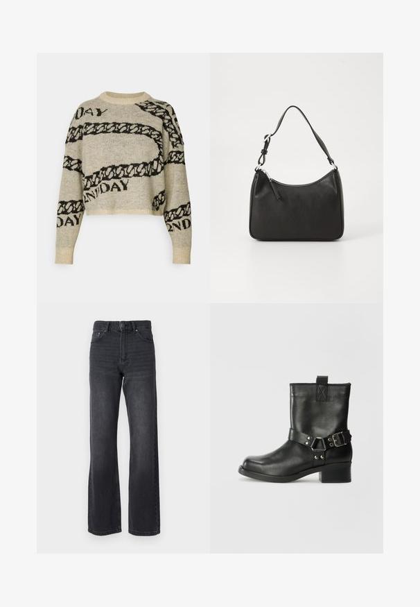Beige Strickpullover mit schwarzen Ketten- und Textmustern. Verfügt über ein kurzes Design, einen runden Ausschnitt und gerippte Bündchen. Weiche Textur.; Schwarze hochtaillierte Jeans mit geradem Bein, aus Denim gefertigt. Mit fünf Taschen und dezenten Ausbleichungen im Stoff.; Samsøe Samsøe SABRENTA - Cowboy-/Bikerstiefelette - black; Schwarze Lederhandtasche mit geschwungener Form, einem einzigen Tragegurt, Reißverschlussverschluss und dezentem Branding auf der Vorderseite. Glatte Textur, minimalistisches Design.