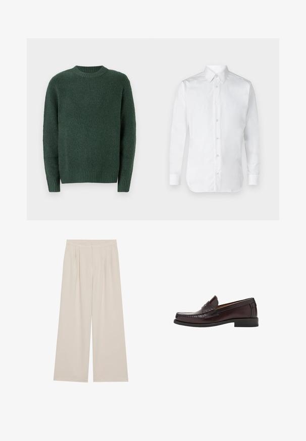 Ciemnozielony sweter dzianinowy z okrągłym dekoltem. Posiada ściągacze przy mankietach i u dołu, teksturowany wzór na całej powierzchni oraz długie rękawy.; Biała koszula z długim rękawem, wykonana z gładkiego materiału bawełnianego, z klasycznym kołnierzykiem i subtelnym połyskiem. Pięć guzików z przodu.; Beżowe szerokie spodnie o płaskim przodzie, z plisami i elastycznym paskiem w talii. Wykonane z lekkiego materiału o gładkiej fakturze.; Brązowe skórzane mokasyny z zaokrąglonym noskiem, dekoracyjnym przeszyciem z przodu oraz płaską gumową podeszwą dla wsparcia i trwałości.