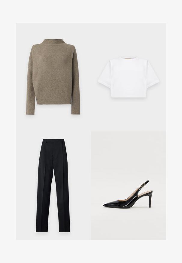 Filippa K MIKA FUNNELNECK - Pulóver - moss grey; Rövid ujjú, puha anyagból készült, vágott fehér póló, kör alakú nyakkivágással és bordázott alsó résszel. Egyszerű és díszítetlen kialakítás.; Fekete nadrág sima anyagból, magas derékkal, széles lábakkal, elülső redőkkel és klasszikus övhurkokkal. Oldalzsebek nem láthatók.; Fekete lakk bőr kötött magassarkú cipő, hegyes orral és karcsú sarokkal, finom kivágásos dizájnnal. Az övön arany csatt található.