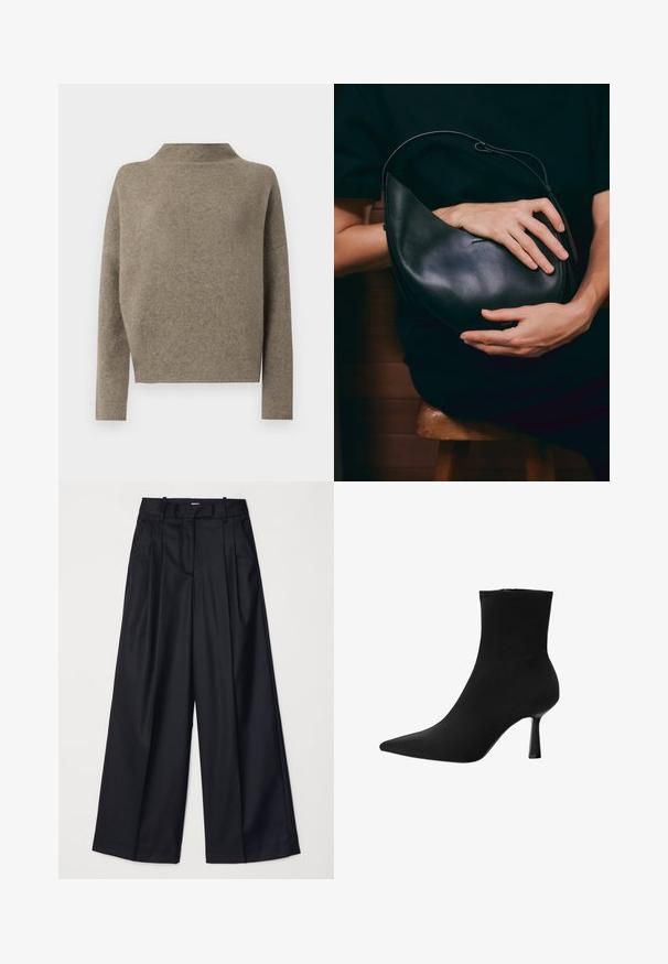 Filippa K MIKA FUNNELNECK - Neule - moss grey; Musta leveälahkeinen housut, jotka on valmistettu sileästä kankaasta. Niissä on korkea vyötärö, laskoksia ja räätälöity muotoilu. Yksinkertaiset mustat metalliosat vyötäröllä.; Musta nilkkuri, joka on valmistettu sileästä kankaasta, terävällä kärjellä ja hoikalla stiletto-korolla, saumatonta muotoilua ilman näkyvää varustusta.; Mustikasta nahkakassin, jolla on ainutlaatuinen kuun muotoinen rakenne. Ominaisuuksiin kuuluu minimalistinen muotoilu, sileä pinta ja hienovarainen logo. Säädettävä hihna.