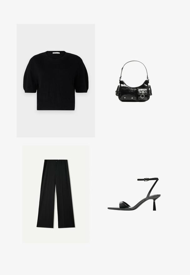 pure cashmere PUFF SHORTSLEEVE - Svetr - black; Bershka WIDE - Kalhoty - black; Bershka Sandály na vysokém podpatku - black; Černá lakovaná kožená kabelka s křivkovým tvarem, jedním ramenním popruhem, předními kapsami a stříbrnými kovovými detaily.