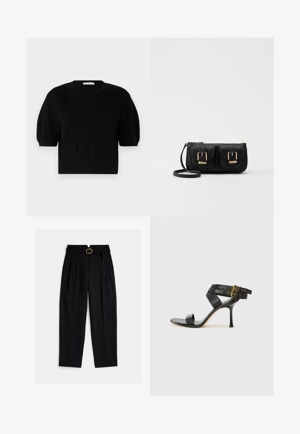 pure cashmere PUFF SHORTSLEEVE - Svetr - black; Černé kalhoty s vysokým pasem, páskem v pase, sklady vpředu a širokými nohavicemi. Vyrobené z hladké látky s klasickým střihem.; Černé sandály na podpatku s kříženými popruhy a nastavitelnou sponou. Mají hladký povrch a špičatý stiletto podpatek.; Černá kožená crossbody taška se dvěma předními kapsami, zlatými přezkami, zipovým uzávěrem a štíhlým popruhem. Texturovaný povrch a kompaktní obdélníkový tvar.