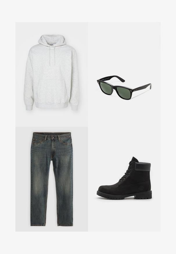 Gaišpelēks kapucis, kas izgatavots no mīksta auduma, ar priekšējo kabatu, regulējamu kapuci ar auklu un ribinātām piedurknēm un apakšmalu.; Zili džinsi ar taisnu kāju dizainu, izmantojot klasisku piecu kabatu stilu, ar šuvju akcentiem un nedaudz izbalējušu apdari.; Melni šņorējamie potīšu zābaki ar mīkstu apkakli un izturīgu zoli, parādīti profila skatā uz balta fona.; Melnas plastmasas saulesbrilles ar zaļiem lēciem, kvadrātveida rāmjiem, sudrabainu akcentu uz uzacīm un teksturētām tempļu kājām. Zīmols norādīts uz iekšējās kājas.
