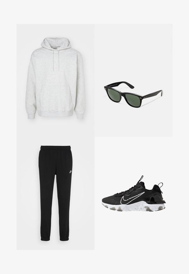 Light gray hoodie made of soft fabric, featuring a front pouch pocket, adjustable drawstring hood, and ribbed cuffs and hem.; Black sweatpants with an elastic waistband, cuffed ankles, and a small white Nike logo on the left side. Made from soft textured fabric.; Black athletic shoe with a textured fabric upper, white Nike swoosh, and thick white sole. Features a pull tab on the heel for easy wear.; Black plastic sunglasses with green lenses, square frames, silver accent on the brow, and textured temple arms. Stated brand on inner arm.