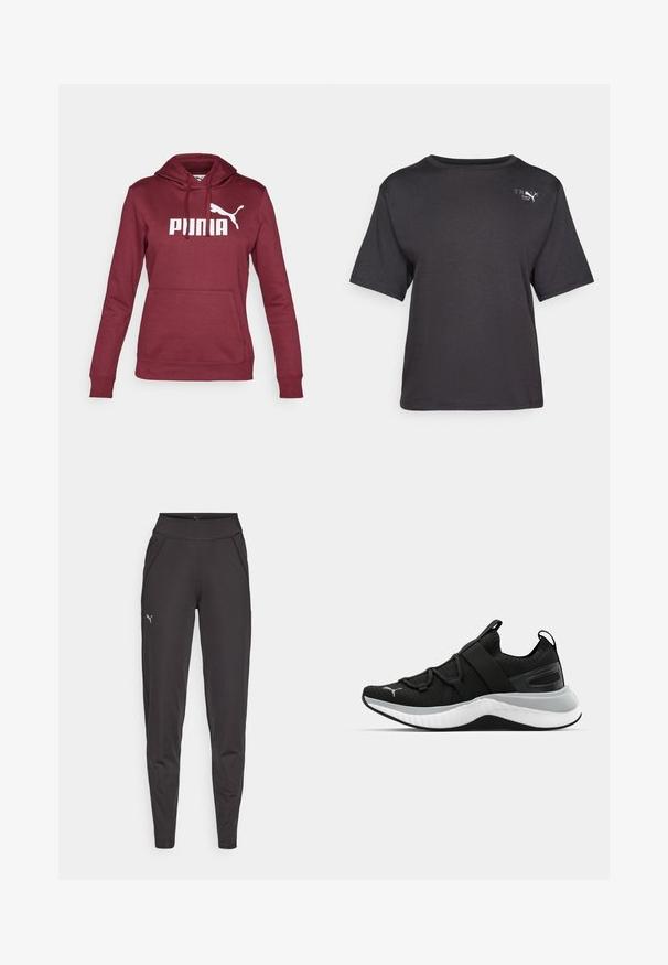 Burgundijas kapucīna džemperis ar lielu baltu "PUMA" logo un baltu kaķa siluetu; ir priekšējais kabatas maisiņš un ribotas piedurknes.; Melnā īsās piedurknes t-krekls, izgatavots no mīkstas auduma, ar apaļu kakla izgriezumu un mazu logotipa detaļu kreisajā augšējā pusē.; Melni sporta legingi, izgatavoti no elastīgas auduma, ar augstu jostasvietu, sānu kabatām un mazu atstarojošu logotipu uz kreisā augšstilba.; Melna sporta kurpe ar teksturētu augšējo daļu, elastīgām siksnām un biezu baltu vidusdaļu. Ievietots pelēks akcenta elements gar zoli.