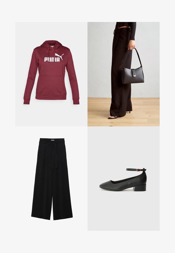Burgunderfarbener Kapuzenpullover mit großem weißen "PUMA"-Logo und silberner Katzensilhouette; verfügt über eine vordere Kängurutasche und gerippte Bündchen.; Schwarze weite Hosen aus strukturiertem Stoff, mit elastischem Bund und einem abnehmbaren Bindegürtel in der Taille für eine verstellbare Passform.; Schwarze Lederpumps mit spitzem Zehenbereich und niedrigem Blockabsatz. Mit einem Knöchelriemen und einer goldfarbenen Schnalle. Glatte Textur.; Schwarze Handtasche mit strukturierter Form, glatter Textur und einem metallischen Verschluss. Kombiniert mit weiten schwarzen Hosen und offenen Sandalen auf einem Holzboden.