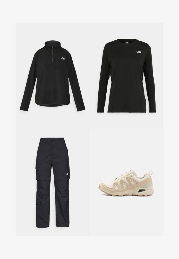 Musta fliisist tõmblukuga pullover kõrge kraega, poole tõmbluku sulgemisega ja logo vasakul rinnal. Pehme tekstuuriga, pika varrukaga ja ümar hem.; Must mustahiheline T-särk, millel on pikad varrukad, valmistatud puuvillast ja ümarast kaelusest. Vasakul rinnal on väike valge logo. Lihtne disain ja sobivus.; Mustad nailonist valmistatud eemaldatavad cargo-püksid, reguleeritavate pahkluudega, mitmete taskutega ja paremal jalal logoga. Sile, kerge tekstuur.; Beež ja koobalti spordijalats tekstureeritud võrkkattega, toetavad ülemised kihid ja kummist tallaga, millel on mustriga joonistus haardeks.