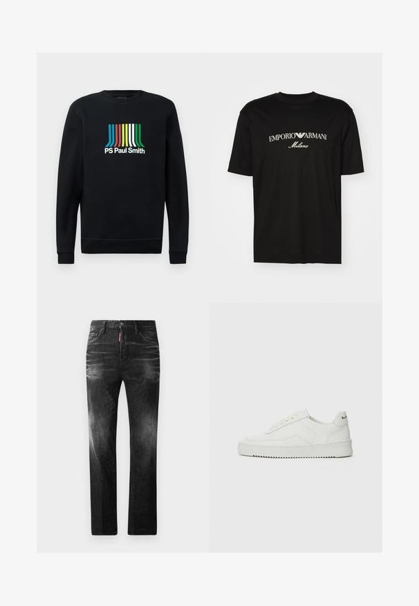 Black sweatshirt with long sleeves, rounded neck, featuring "PS Paul Smith" logo in vibrant stripes of blue, red, yellow, green, and white.; Black cotton T-shirt featuring a round neckline, short sleeves, and "EMPORIO ARMANI" logo in white above "Milano" in a curved design.; Black denim jeans with a straight fit. Features faded areas, minor distressing, classic five-pocket design, and a button closure.; White leather sneaker with a smooth finish, round toe, flat laces, and a textured sole. Features a subtle logo on the heel.
