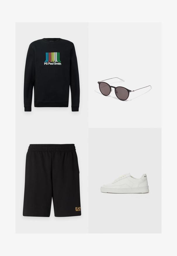 Zwarte sweatshirt met lange mouwen en ronde hals, voorzien van het "PS Paul Smith" logo in levendige strepen van blauw, rood, geel, groen en wit.; Zwarte sportshorts van zacht materiaal, met een elastische tailleband en een klein geel EA7-logo op de onderste linkeronderbroek.; Witte leren sneaker met een gladde afwerking, ronde neus, platte veters en een gestructureerde zool. Kenmerkt zich door een subtiel logo op de hiel.; Zwarte ronde zonnebril met donkere lenzen en slanke metalen armen. Inclusief heldere tempelpunten en zilveren accenten bij de scharnier. Minimalistisch ontwerp.