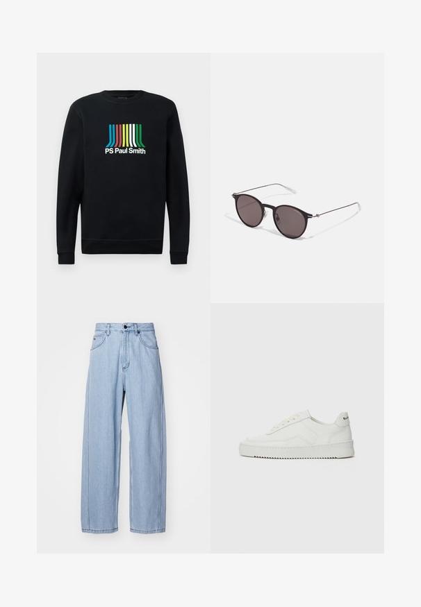 Sweatshirt noir à manches longues, col rond, avec le logo "PS Paul Smith" en rayures vives de bleu, rouge, jaune, vert et blanc.; Jeans en denim bleu clair avec une coupe évasée, dotés de poches avant, d'une fermeture par bouton et de coutures détaillées le long des coutures.; Baskets en cuir blanc avec une finition lisse, bout arrondi, lacets plats et semelle texturée. Présente un logo discret sur le talon.; Lunettes de soleil noires rondes avec verres sombres et branches en métal fines. Comprend des embouts transparents et des accents argentés au niveau de la charnière. Design minimaliste.