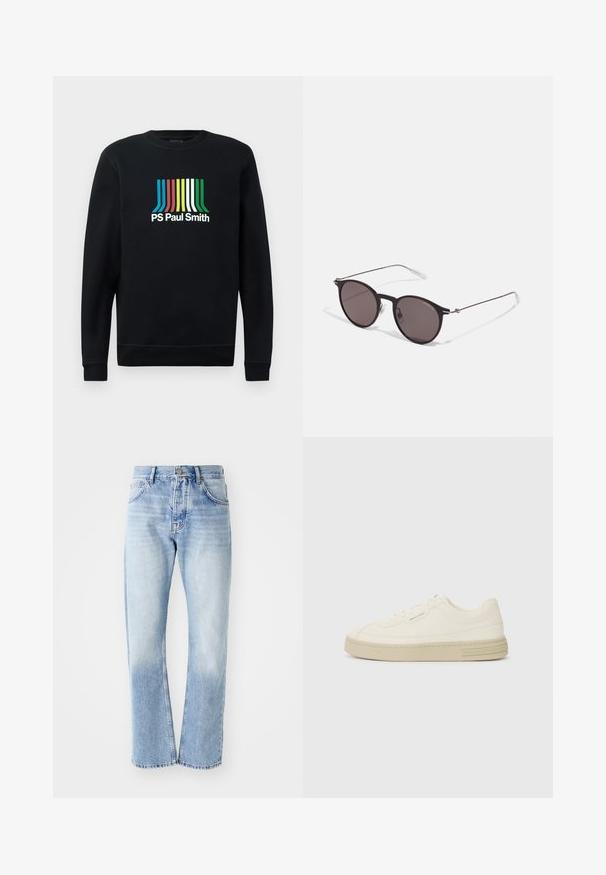 Felpa nera con maniche lunghe e colletto rotondo, caratterizzata dal logo "PS Paul Smith" in vivaci strisce blu, rosse, gialle, verdi e bianche.; Jeans in denim blu chiaro con taglio dritto. Presentano un design a cinque tasche, apertura con bottone e una texture sbiadita verso il fondo.; Sneakers bianche in tela con suola in gomma testurizzata, dotate di una punta cucita e di un accento con logo sul tallone. Design semplice con lacci.; Occhiali da sole neri rotondi con lenti scure e sottili bracci in metallo. Include punte trasparenti e accenti argentati alla cerniera. Design minimalista.