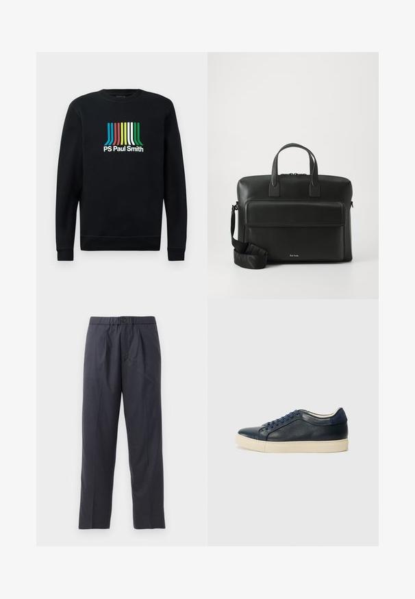 Czarny sweatshirt z długim rękawem i okrągłym dekoltem, z logo "PS Paul Smith" w żywych pasach niebieskiego, czerwonego, żółtego, zielonego i białego.; Ciemnoniebieskie spodnie z miękkiego materiału z plisowanym przodem i elastyczną talią. Posiadają zapięcie na guzik i prostą nogawkę.; Granatowe skórzane trampki z kremową gumową podeszwą, wyposażone w niebieskie sznurówki i gładką teksturę. Okrągły czubek i minimalistyczny design.; Czarna skórzana teczka z podwójnymi rączkami u góry, przednią kieszenią oraz odpinanym paskiem, z delikatnym logo na dole.