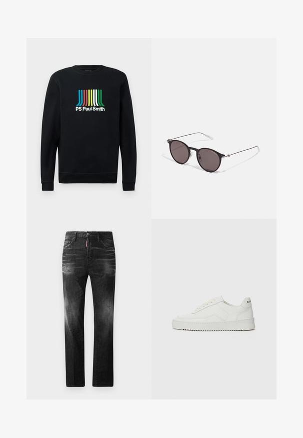 Zwarte sweatshirt met lange mouwen en ronde hals, voorzien van het "PS Paul Smith" logo in levendige strepen van blauw, rood, geel, groen en wit.; Zwarte denim jeans met een rechte pasvorm. Beschikt over vervaagde gebieden, lichte slijtage, klassiek vijf-pocket ontwerp en een knoopsluiting.; Witte leren sneaker met een gladde afwerking, ronde neus, platte veters en een gestructureerde zool. Kenmerkt zich door een subtiel logo op de hiel.; Zwarte ronde zonnebril met donkere lenzen en slanke metalen armen. Inclusief heldere tempelpunten en zilveren accenten bij de scharnier. Minimalistisch ontwerp.