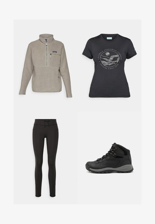 Svijetlosmeđi flis jakna s visokim ovratnikom, prednjim patentnim zatvaračem do pola i patentnim džepom na prsima. Ima teksturirani materijal i kontrastne sive detalje.; Crna Columbia majica s bijelim kružnim crtežom planine i rijeke te natpisom "Columbia Sportswear Company Outside Since 1938."; Crne tajice s visokim strukom, uzicom, glatkom teksturom i uskim dizajnom. Imaju šavove duž bokova.; Crne planinarske čizme s dizajnom srednjeg vrha, sa teksturiranim gornjim dijelom, sivim akcentima i izdržljivom gumom potplatom s uzorkom za prianjanje.