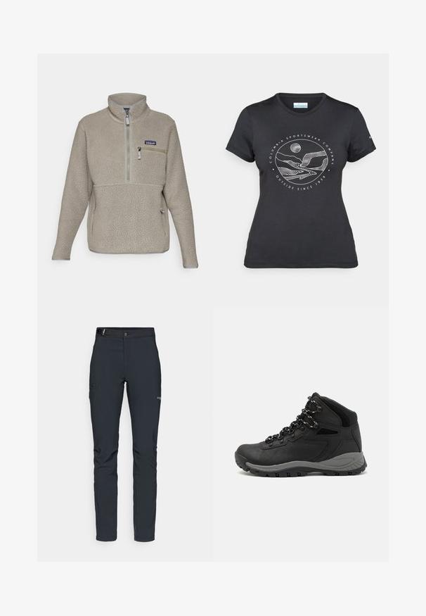 Vaalean taupe-värinen fleece-takki, jossa on korkea kaulus, puolivetoketju edessä ja vetoketjullinen rintatasku. Takissa on tekstuurinen kangas ja erottuva harmaa viimeistely.; Musta Columbia T-paita, jossa on valkoinen ympyrämuotoinen vuori- ja joki-viivataide sekä teksti "Columbia Sportswear Company Ulkona vuodesta 1938."; Miestne vonkajšie nohavice, tmavo šedé, vyrobené z flexibilného materiálu, s opaskom, zipsovými vreckami a zosilneným šitím.; Musta vaelluskenkä, jossa on puolivartinen muotoilu, jolle on ominaista teksturoitu päällinen, harmaat yksityiskohdat ja kestävä kumipohja, jossa on pitoita lisääviä lukuja.