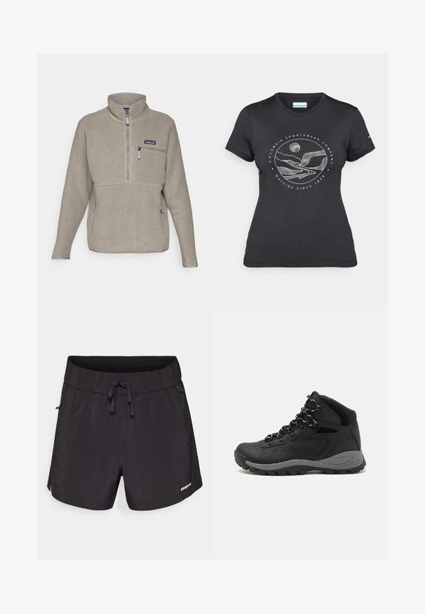 Világos taupe bolyhos dzseki magas gallérral, fél cipzárral és cipzáras mellzsebbel. Texturált anyaggal és kontrasztos szürke díszítéssel rendelkezik.; Fekete Columbia póló fehér, kör alakú hegy és folyó vonalrajzzal, valamint a "Columbia Sportswear Company Outside Since 1938" felirattal.; Fekete fürdőnadrág könnyű anyagból, rugalmas derékpánttal, húzózsinórral és oldalzsebekkel a funkcionalitás érdekében.; Fekete túracipő közepes magasságú kialakítással, texturált felsőrésszel, szürke részletekkel és strapabíró gumitalppal, amelynek tapadós kiemelkedései vannak.