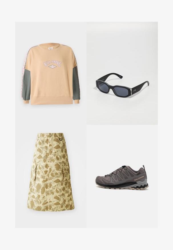 Sweat-shirt beige surdimensionné avec un graphique rosa "BILLABONG", des manches vertes et des accents à motifs le long des coutures des bras. Matière en coton doux.; Jupe kaki avec un motif camouflage, fabriquée dans un matériau lisse, dotée d'une taille élastique et de deux poches latérales.; Chaussure de plein air grise avec une tige en mesh et en synthétique, un col rembourré et une semelle texturée dotée de profondes rainures pour une meilleure adhérence. Système de laçage ajustable.; Lunettes de soleil noires avec une forme chunky, des verres sombres et des accents brillants sur la monture. Détails en métal argenté près des tempes.