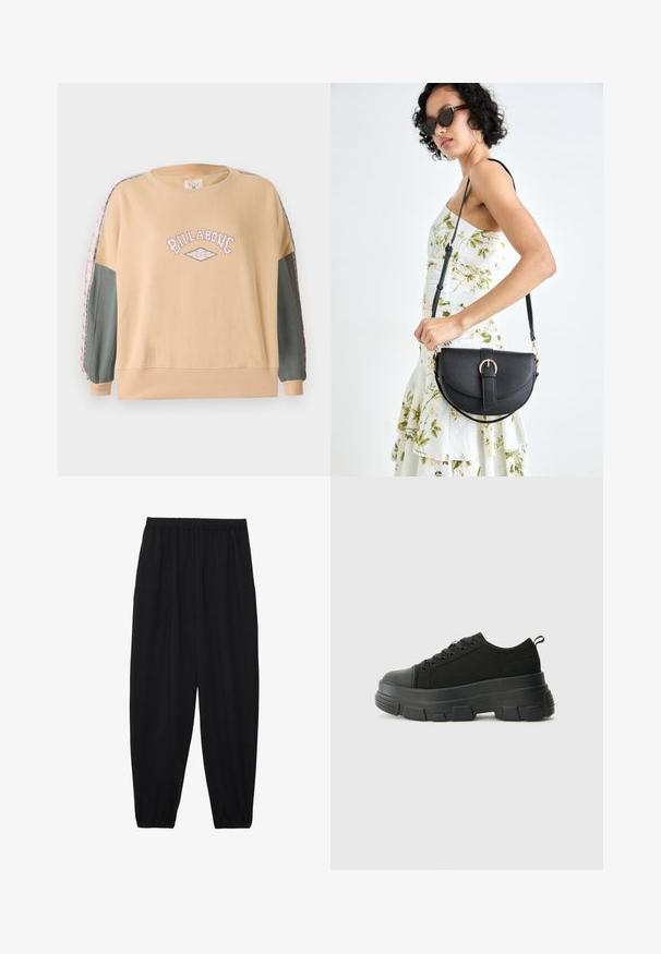 Beige oversized sweatshirt with pink "BILLABONG" graphic, green sleeves, and patterned accents along arm seams. Soft cotton material.; Black, lightweight pants with an elastic waistband and gathered ankles. The fabric is smooth and features a relaxed, tapered design.; Black sneakers with a chunky rubber sole, textured fabric upper, round toe, and lace-up design. Features reinforced eyelets and back pull tab.; Black leather handbag with a curved shape, detachable strap, and gold hardware. The bag features a flap with a buckle detail.